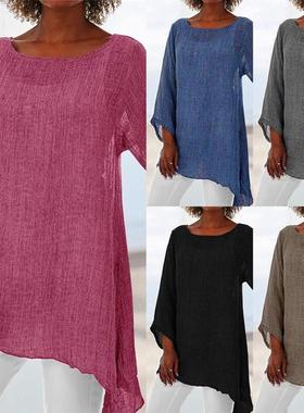 T Shirt Women fall Plus Size Women Solid Color Linen O-Neck