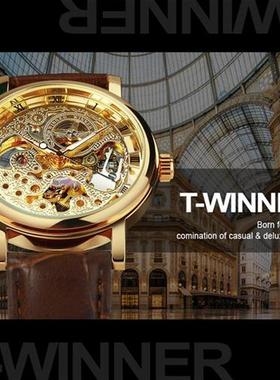 Winner Transparent Golden Case Skeleton Watch for Men Leathe