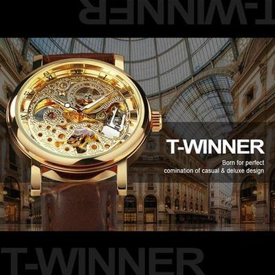 Winner Transparent Golden Case Skeleton Watch for Men Leathe