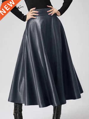 Women Long Skirts Autumn Leather PU Skirt Celmia 2022 Solid