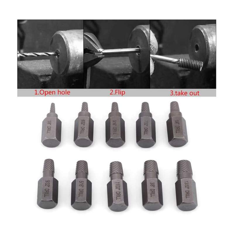 10Pcs/Box Screw Extractor Set Chromium Vanadium Steel 3.2-10