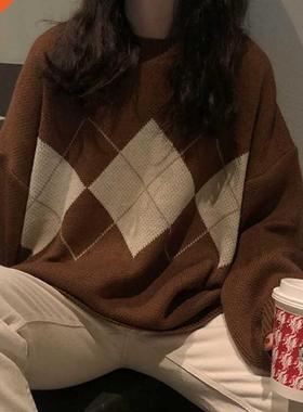 Women Argyle Knitted Sweater Autumn Winter O-Neck Oversized