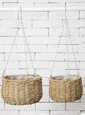 Handmade Grass Woven Hanging Planter Basket Plant Flower