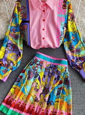 Women Fashion Luxury Print Shirt Top   Pleated Mini Skirt Ne