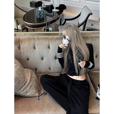 莫欣欣 黑色针织衫女秋季薄款修身显瘦百搭条纹长袖开衫辣妹上衣