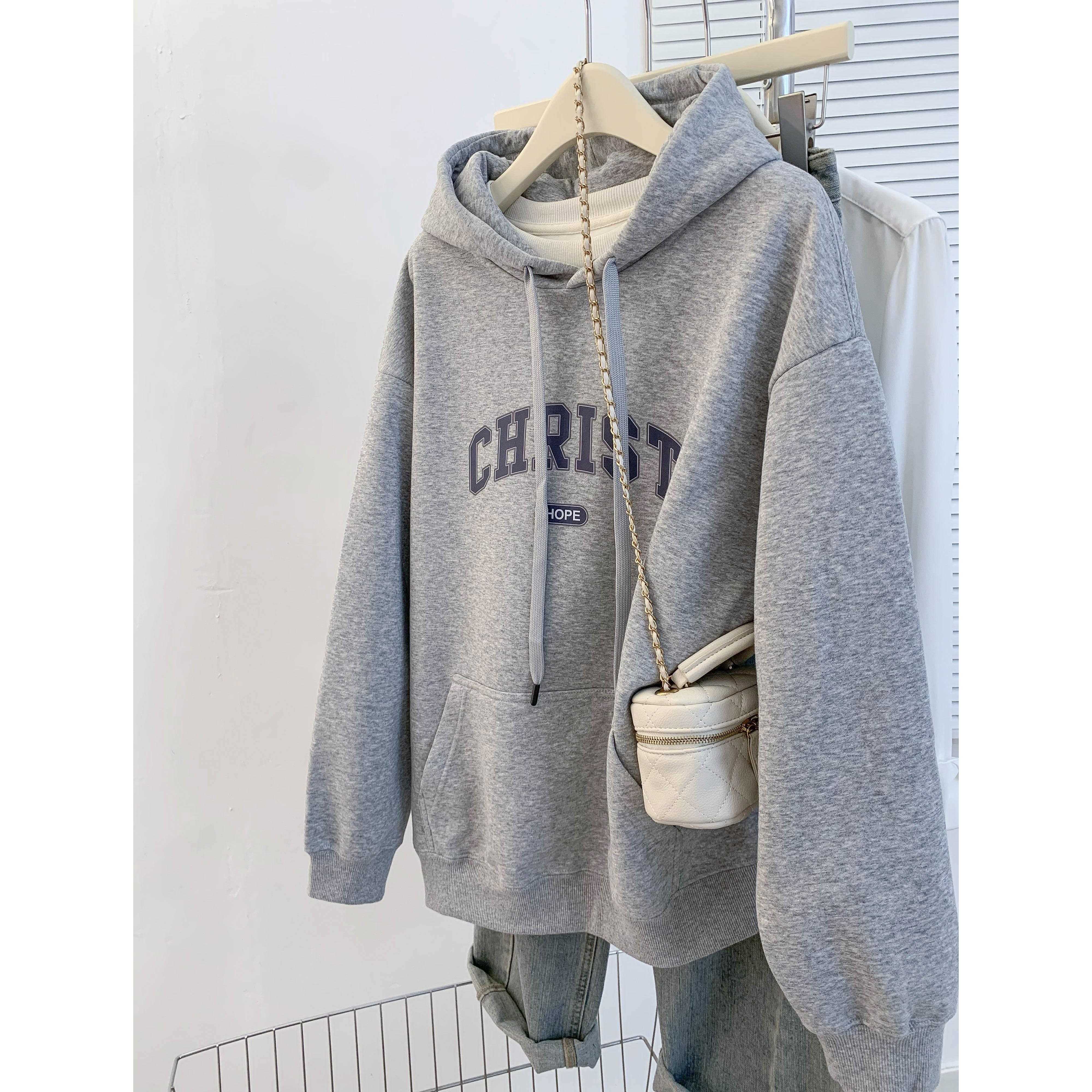 美式灰色连帽卫衣女2025新款春秋宽松加绒慵懒风小个子显瘦上衣潮