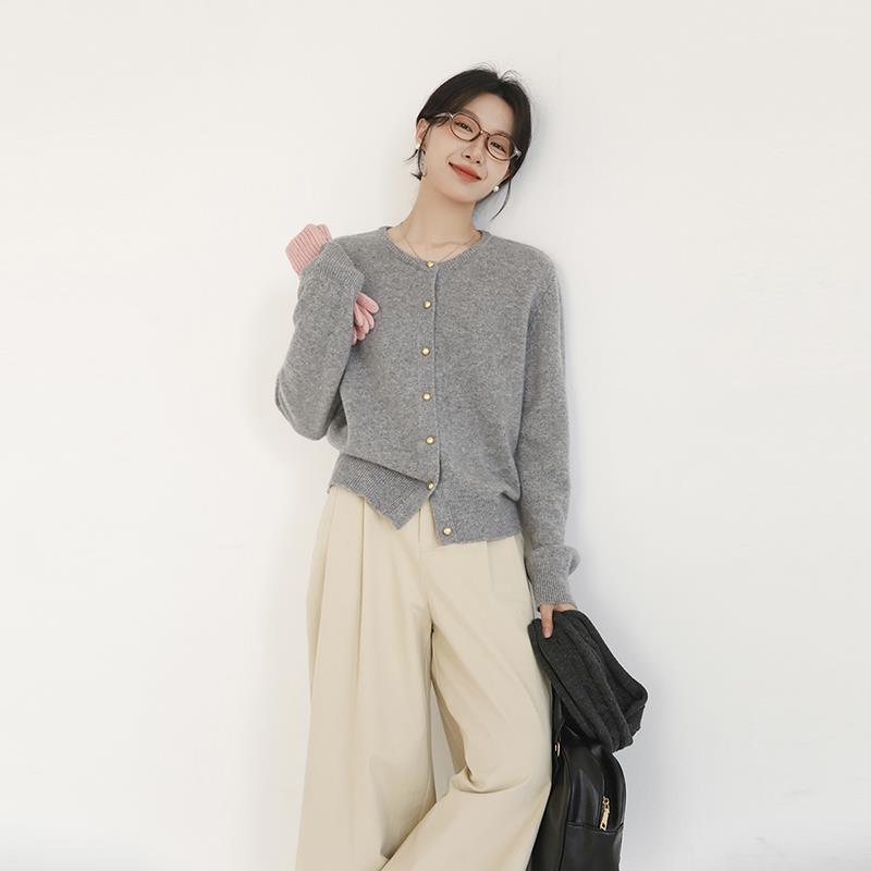 茹树家 灰色100%羊毛圆领针织开 衫女春秋冬内搭打底衫宽松毛衣