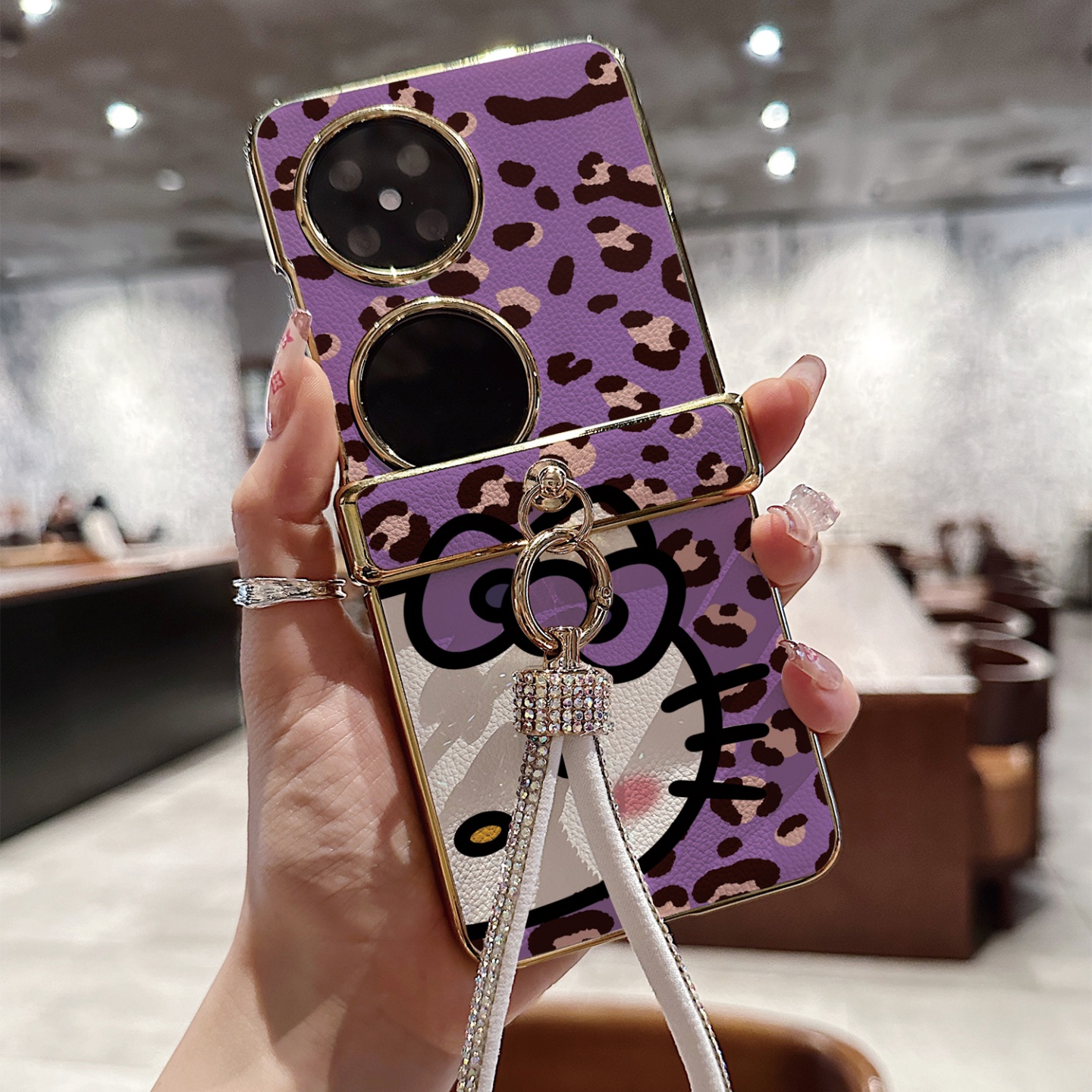 紫豹纹KT猫皮纹折叠屏手机壳