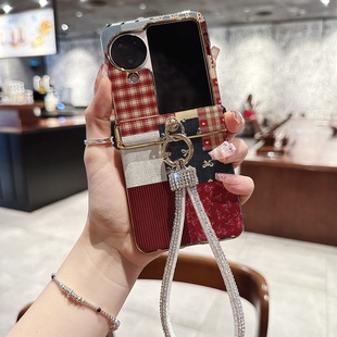 蝴蝶结牛仔格纹拼接适用oppofindN3flip手机壳华为pocket2折叠屏三段挂绳vivoxflip皮zflip7荣耀小米mixflip2