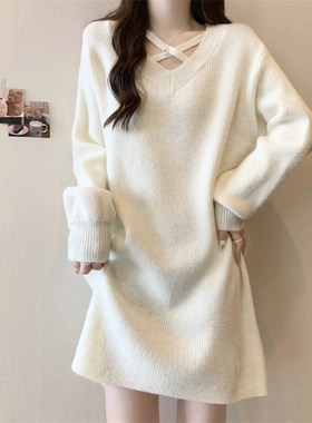 快速发货大码内搭打底针织毛衣裙女胖mHm秋冬红色宽松遮肚子直筒v