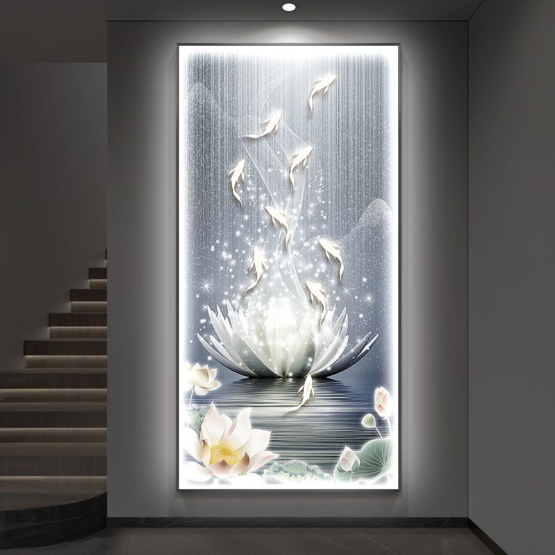 现货速发轻奢和气生财玄关装饰画九鱼图走廊尽头挂画荷花入户竖版