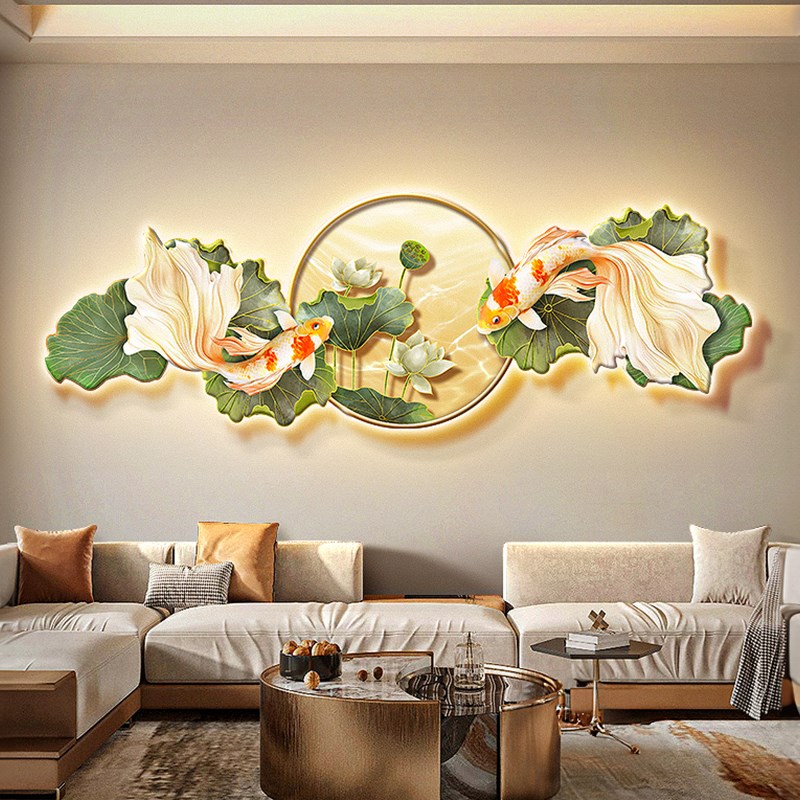 速发招财锦鲤客厅沙发装饰画新中式视壁背景墙挂画荷花卧室床头电图片