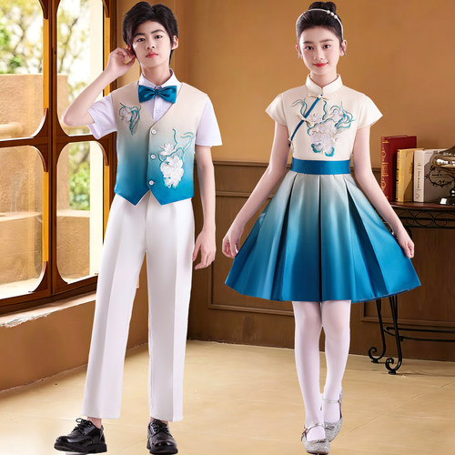 新款儿童合唱演出服中国风诗歌朗诵合唱团中小学朗诵大合唱表演服