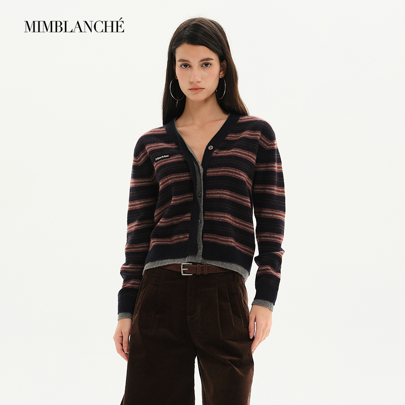MIMBLANCHE26SS新品单排扣条纹撞色V领羊毛针织开衫女