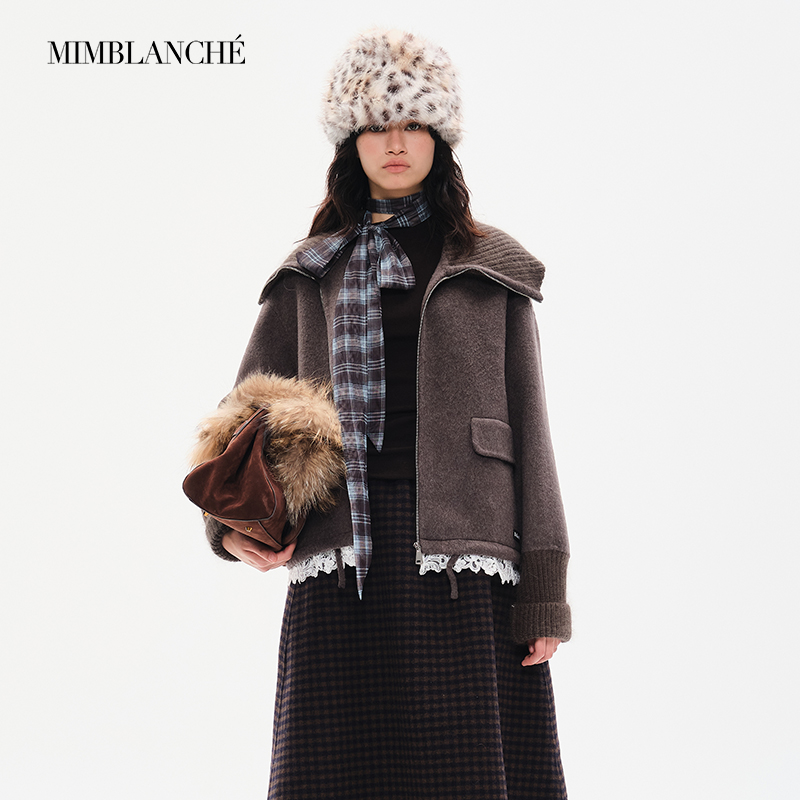 MIMBLANCHE秋冬新品蕾丝拼接双面呢羊毛翻领外套女