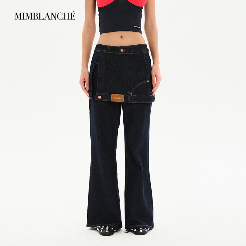 MIMBLANCHE26SS新品可拆卸裙帘原色水洗微喇牛仔裤女