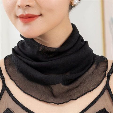 夏季防晒真丝网眼小丝巾纯色脖套100%桑蚕丝围脖女士套头网纱围巾