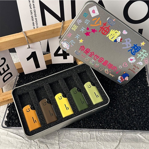 网红个性拇指金属砂轮创意打火机小巧便携高档贴纸铁盒包装送男士