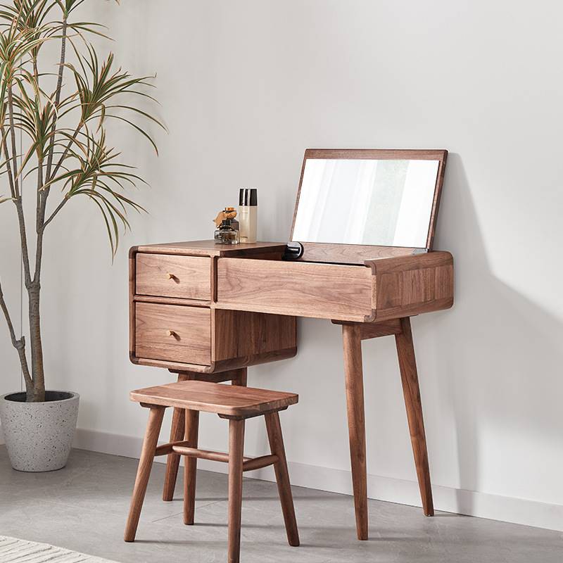 北美黑胡桃实木翻盖梳妆台书桌一体简约现代卧室北欧化妆台电脑桌
