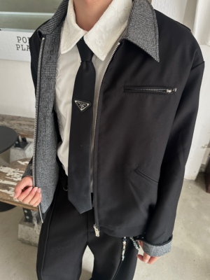 ASCA 2025SS 老钱氛围感复古千鸟格纹拼接翻领通勤新贵夹克外套