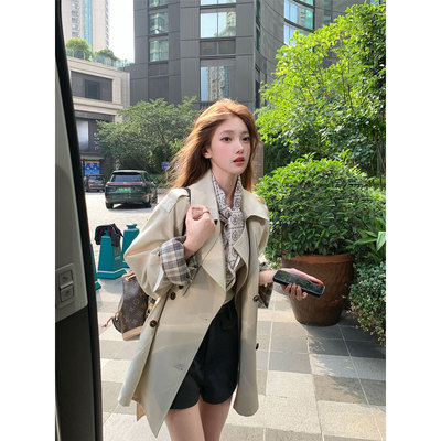 双排扣中长款风衣格纹外套系带