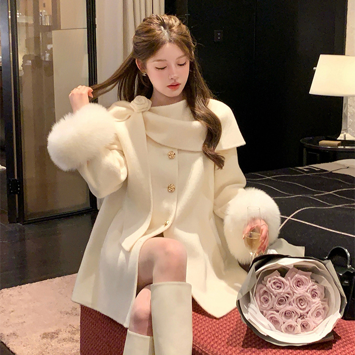 千金风白色双面呢子大衣女短款miu系穿搭黑色毛呢外套中长款冬装