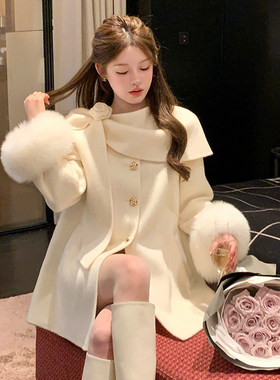 千金风毛呢大衣女狐狸毛呢子外套