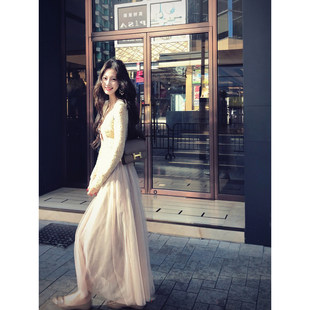 千金风蕾丝拼接连衣裙女法式网纱裙秋冬季古早感公主长裙内搭裙子