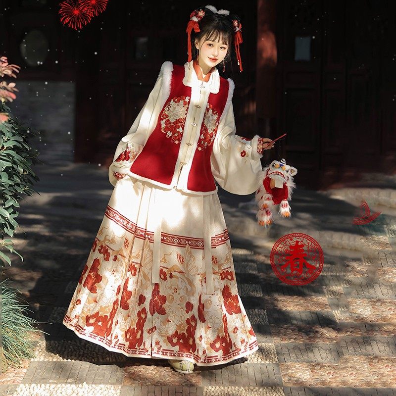 原创汉服女【玉龙歌】明制马面裙加绒刺绣方领比甲拜年服冬亲子款