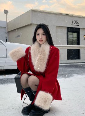 圣诞新年套装红色毛呢外套女秋冬款夹棉保暖毛领大衣斗篷年会战袍