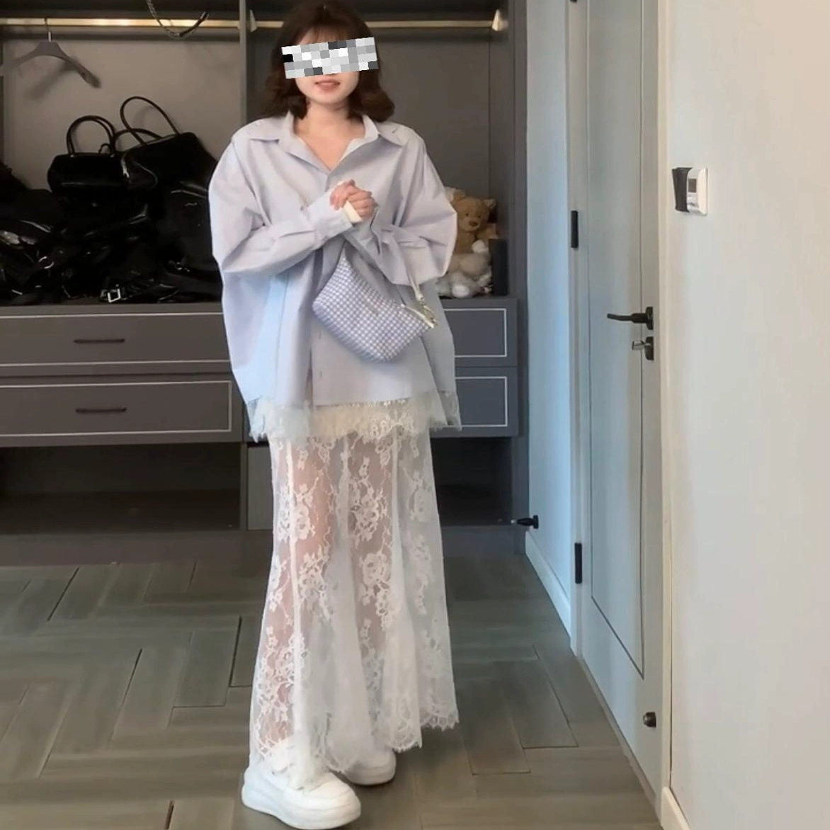 纯欲风套装蓝色衬衫上衣女春季内搭显瘦长袖性感蕾丝半身裙两件套