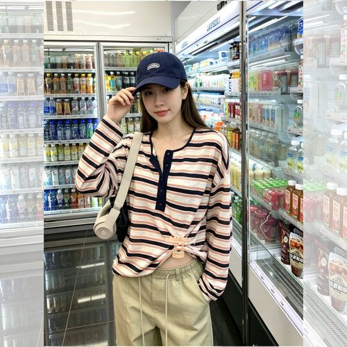 复古轻薄条纹亨利领长袖T恤女秋季薄款休闲外搭罩衫韩系chic上衣