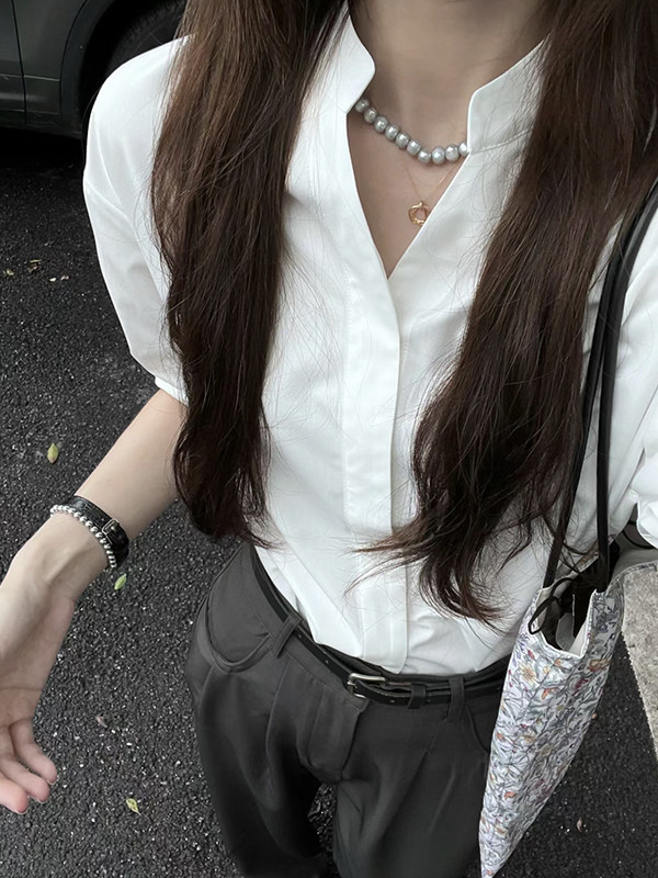 法式高级感白色短袖衬衫女气质v领设计感上衣宽松显瘦防晒衬衣夏