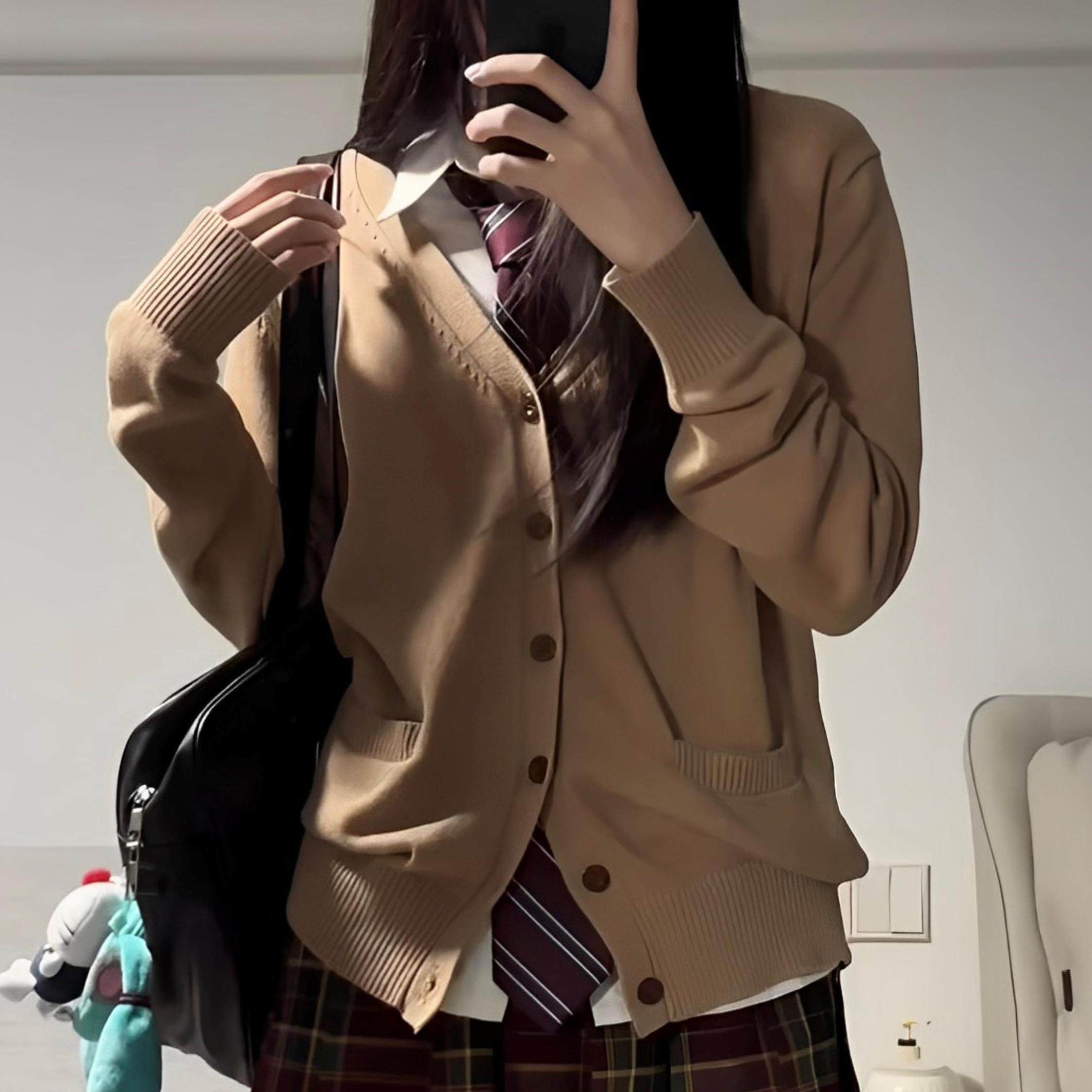 JK制服套装毛衣外套女春秋学院风老头衫针织开衫日系宽松长袖上衣