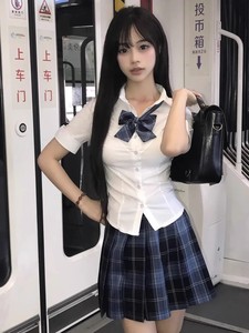 【冈梨田】纯欲jk制服辣妹收腰衬衫女短袖狗短格裙百褶裙套装夏季