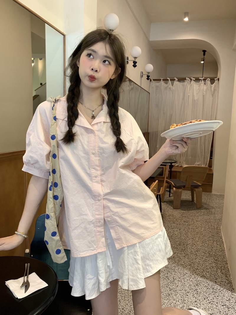 衬衣polo领粉色泡泡袖设计感宽松