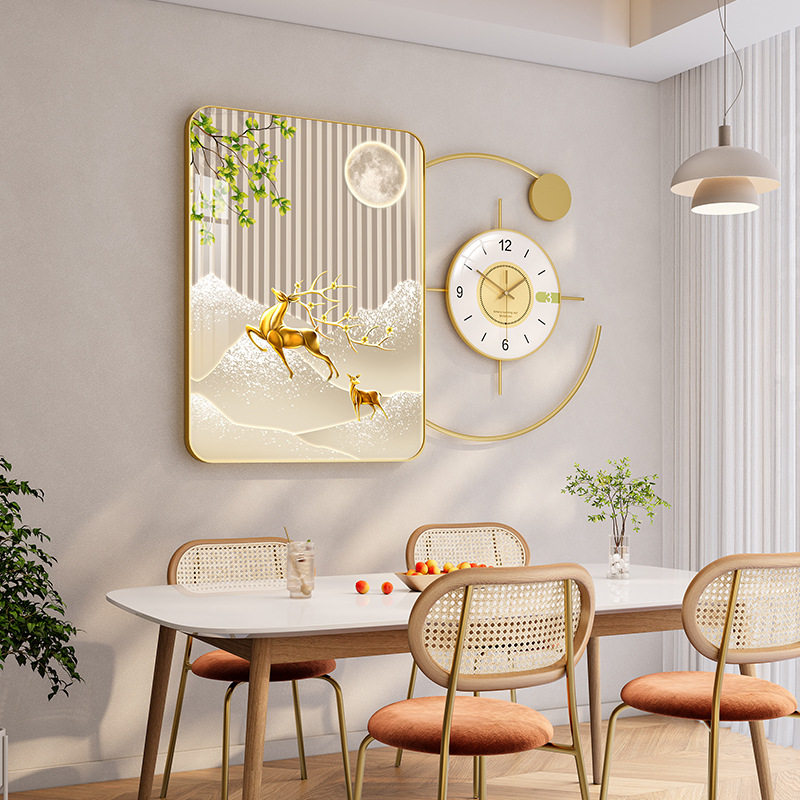 现代风餐厅壁挂饰品晶瓷一体组合装饰画挂画餐桌墙上钟挂表装饰品