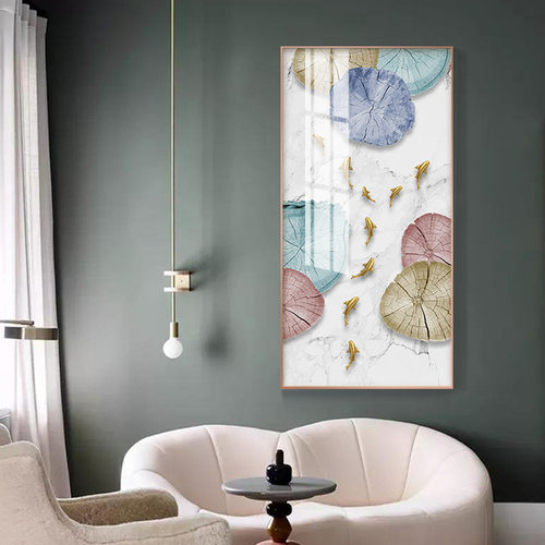 中式晶瓷画九鱼图玄关装饰画 晶瓷酒店过道挂画入户玄关画抽象画