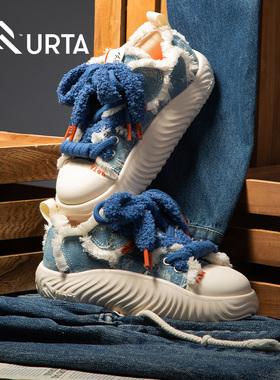 URTA而它厚底女鞋子牛仔破了休闲运动增高板鞋帆布原创可爱面包鞋