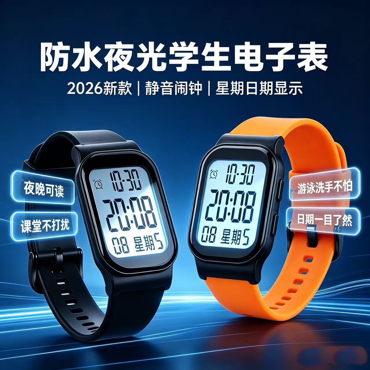 初中生专用电子手表2026新款防水夜光闹钟表中小学生校园考电子表