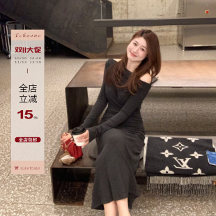 Echoone  月光女神 磨毛设计感露肩一字领秋冬季韩版连衣裙长裙子