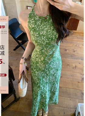 Echoone斜裁气质碎花苎麻连衣裙