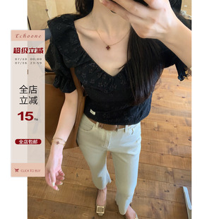 Echoone 海盐季风 双排扣高腰牛仔裤女气质通勤风显瘦休闲九分裤