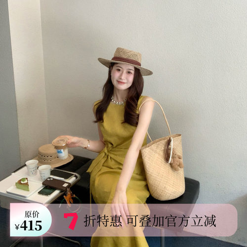 Echoone100亚麻绑带连衣裙