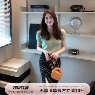 Echoone 上衣女春夏温柔甜美气质纯色圆领套头T 香软软 马海毛短袖