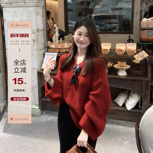气质时尚 Echoone 慵懒毛衣女秋冬季 粗棒羊毛衫 V领针织上衣 陌上秋