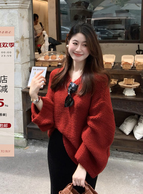 Echoone 陌上秋 粗棒羊毛衫慵懒毛衣女秋冬季气质时尚V领针织上衣