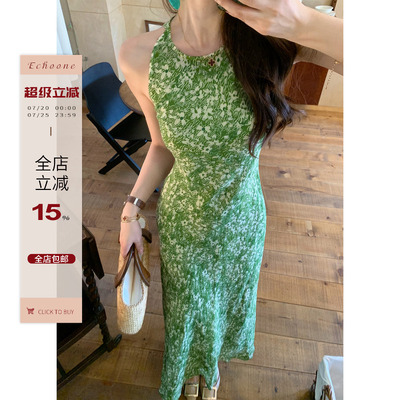 Echoone斜裁气质碎花苎麻连衣裙