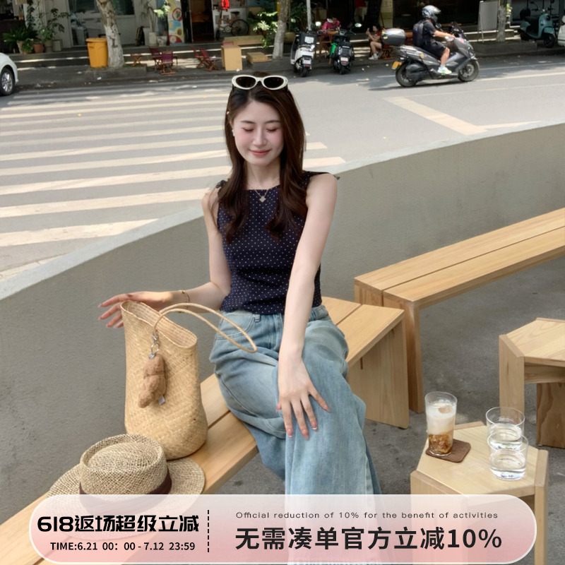 Echoone Coy girl波点蝴蝶结上衣女修身显瘦小设计感气质无袖上衣