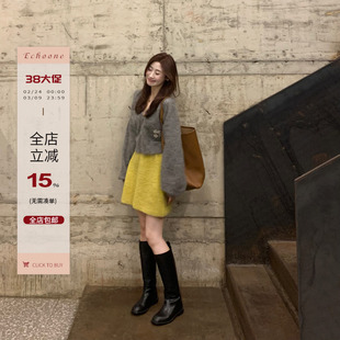 Echoone Kilig 亮色系羊毛针织裙圈圈毛黄色半身裙秋冬季显瘦短裙